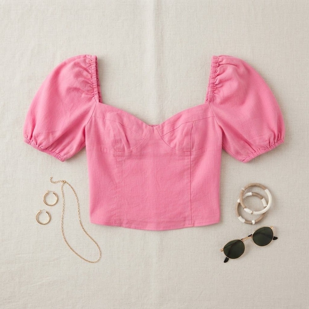 Wilfred Aritzia Puff Sleeve Blouse Womens S Pink Smocked Crop Top Cottagecore